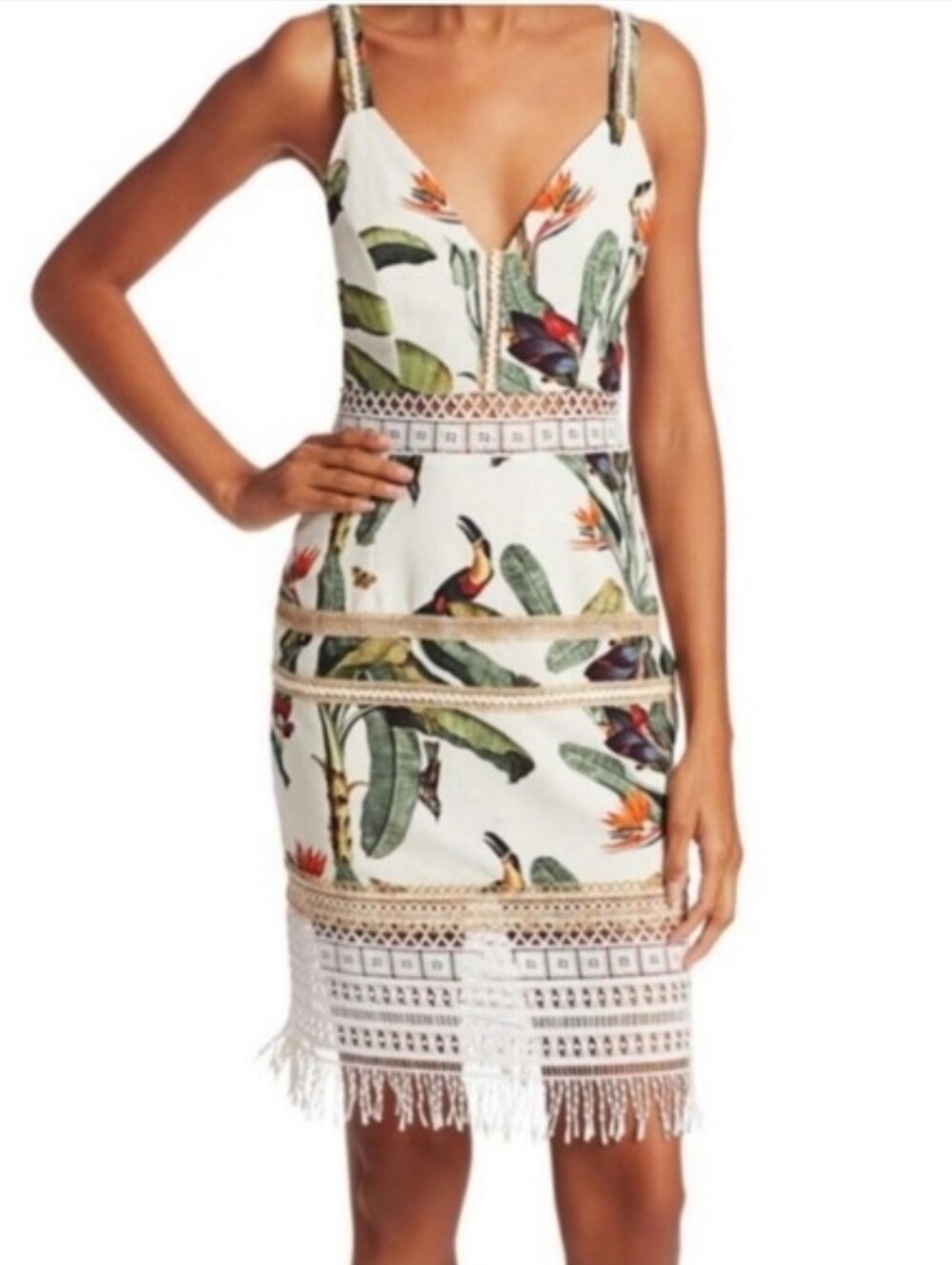 PatBO Tropical Lace Inset Floral Crochet Mini Dress